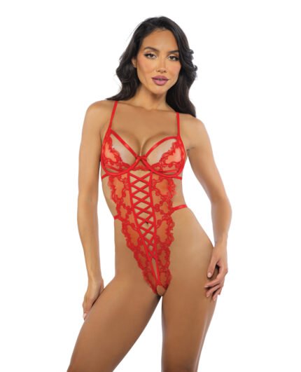 Baroque Heart Embroidered Lace Teddy – Red XL