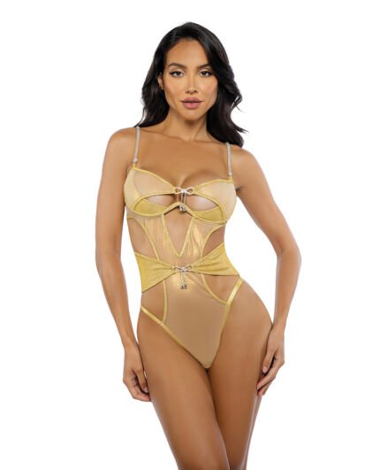 Gilded Beauty Metallic Shimmer Mesh Teddy W-Rhinestone Accents – Gold MD