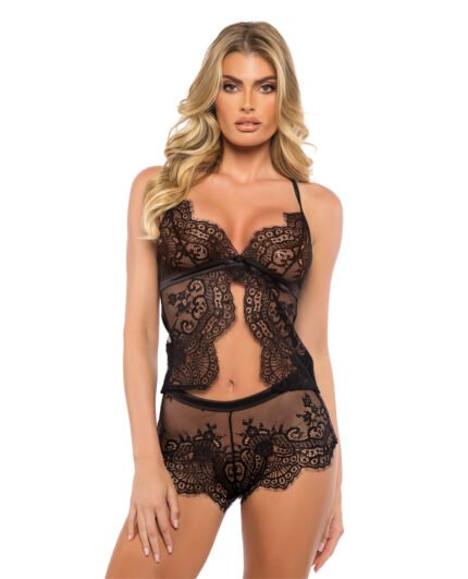 Dreamer’s Lust Scalloped Eyelash Lace And Satin 2 Pc Camisole Set – Black XL