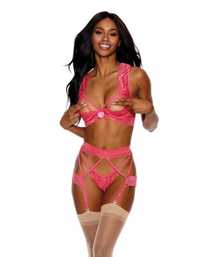 Lace Underwire Peek A Boo Bra, Garterbelt & G-String Coral MD
