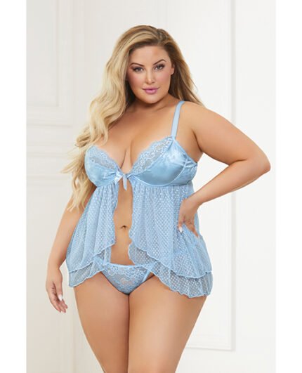 Satin Jacquard Dot Mesh Scallop Lace Babydoll & G-String Blue 1X-2X
