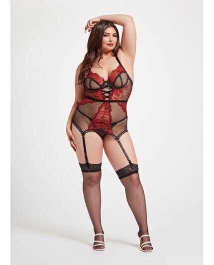 Floral Embroidered Lace Chemise W-Adjustable Garters & Thong Black-Red 3X-4X