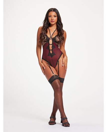 Fishnet & Stretch Lace Teddy W-Double Adjustable Straps Black-Wine MD