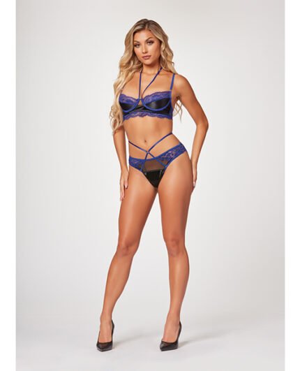 Stretch Satin & Eyelash Lace Demi Cup Bra & Panty Black-Blue SM