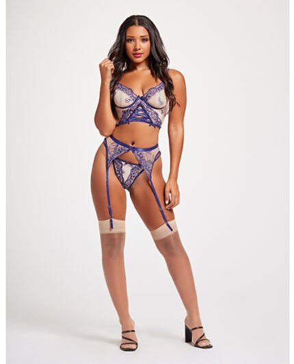 Sheer Stretch Mesh W-Floral Contrast Embroidery Bustier, Garter Belt & Thong Blue-Nude XL