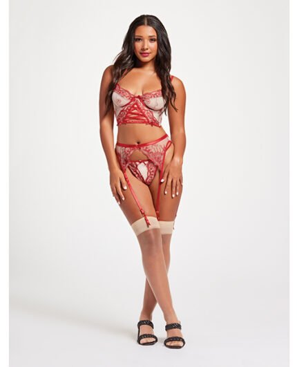 Sheer Stretch Mesh W-Floral Contrast Embroidery Bustier, Garter Belt & Thong Red-Nude MD