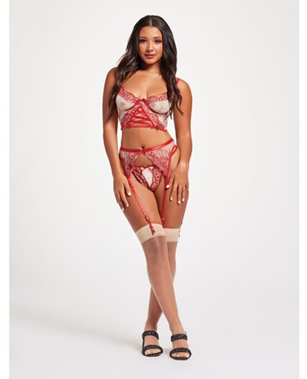 Sheer Stretch Mesh W-Floral Contrast Embroidery Bustier, Garter Belt & Thong Red-Nude XL