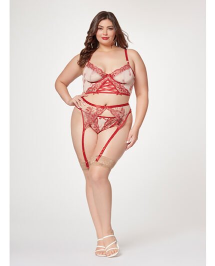 Sheer Stretch Mesh W-Floral Contrast Embroidery Bustier, Garter Belt & Thong Red-Nude 1X-2X