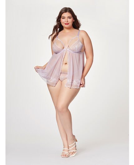 Sheer Mesh & Lace Demi Cup Babydoll & Thong Lavender 3X-4X