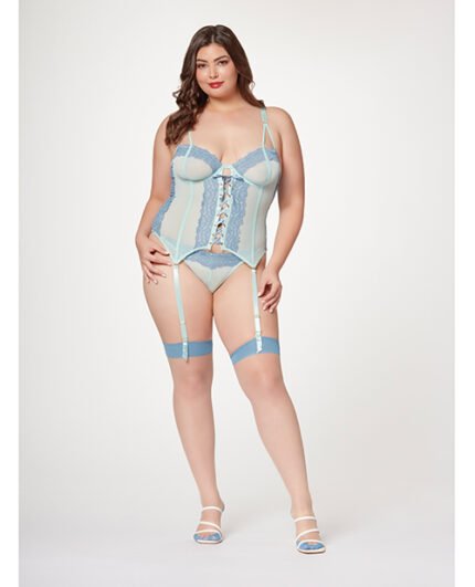 Lace & Mesh Bustier W-Lace Up Center, Garter Belt & Thong Blue 1X-2X