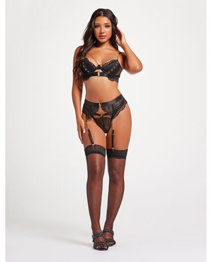 Scalloped Lace Bra W-Gold Chain, Garter Belt & Thong Black LG