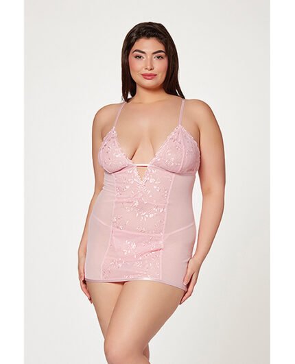 Floral Mesh Chemise & G-String Pink 1X-2X