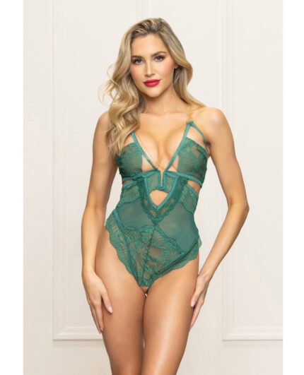 Lace And Mesh Open Crotch Teddy W-Gold Straps – Green LG