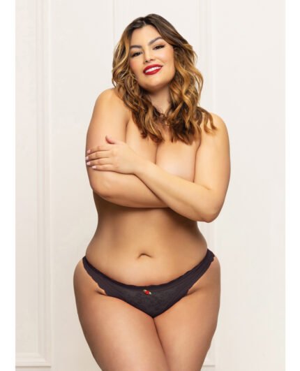 Lace Panty W-Heart Cut Out Back & Pearl Chain Detail – Black 1X-2X