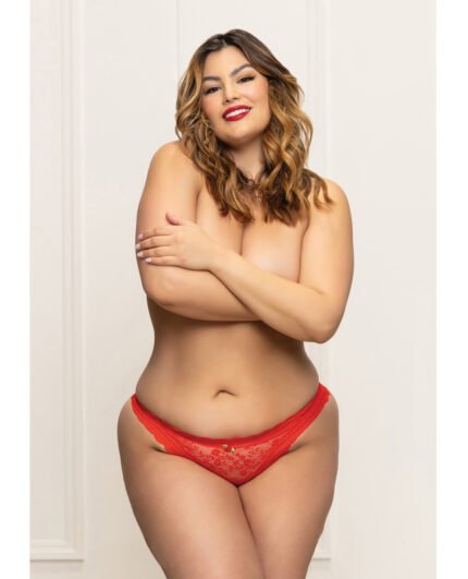 Lace Panty W-Heart Cut Out Back & Pearl Chain Detail – Red 1X-2X